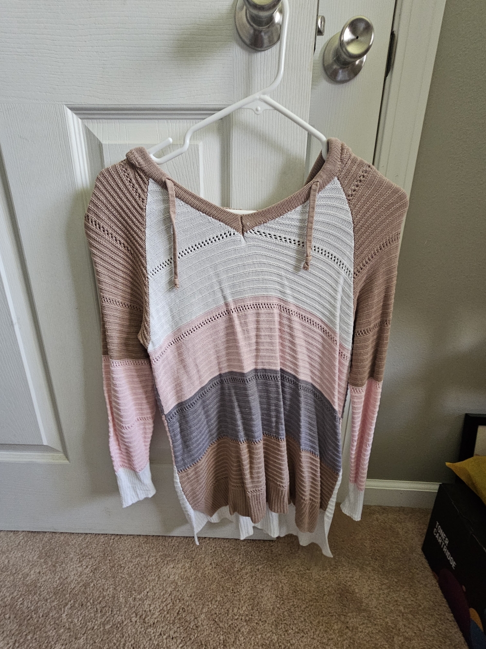 Striped Knit Hoodie Sweater in Neutral & Pink Tones